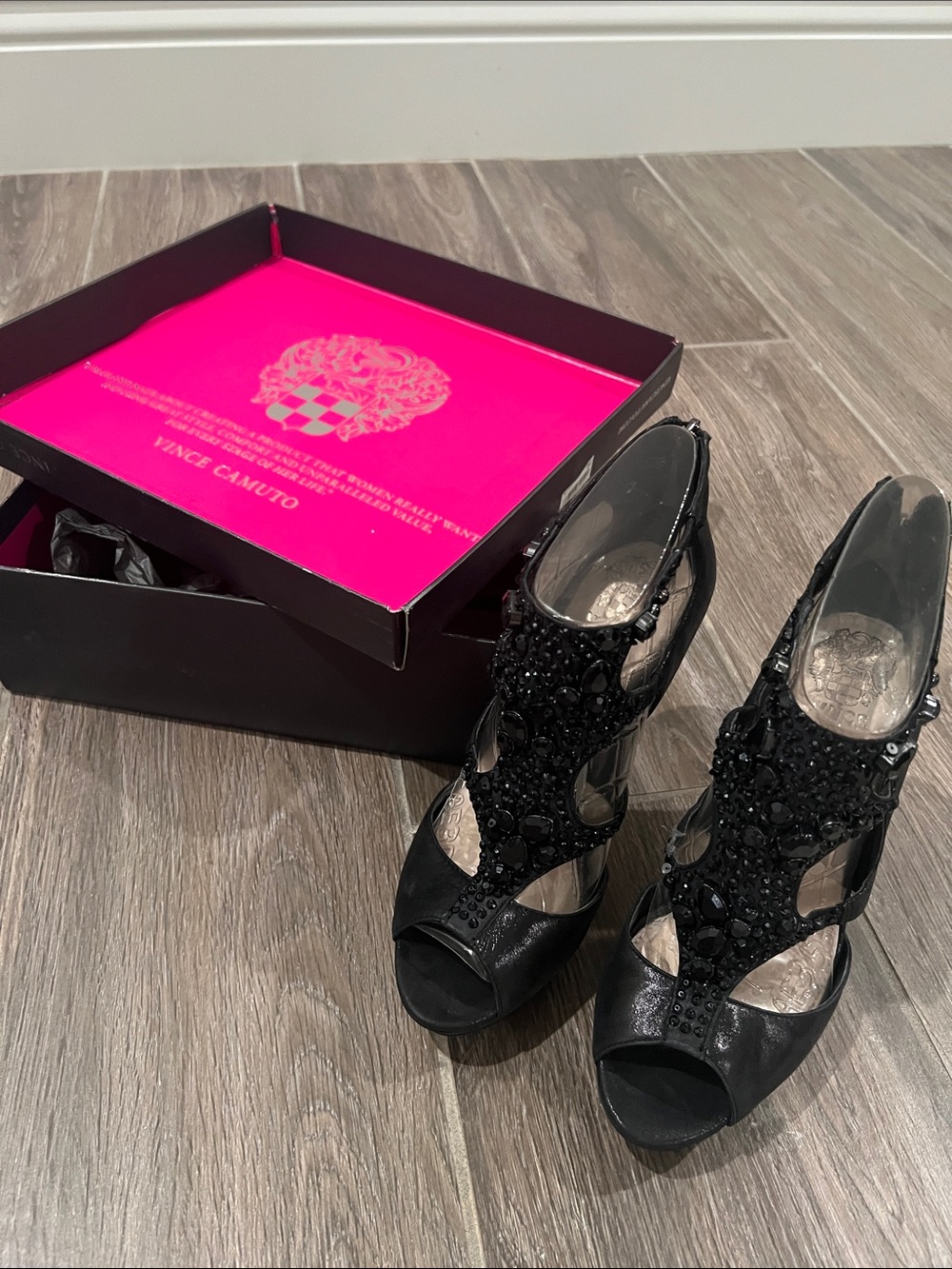 Vince Camuto Black Jeweled Peep-Toe Cutout Heels